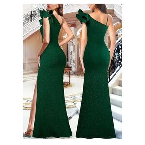 NEW Ruffle 1 Shoulder Strap Ruched Formal Prom Maxi Dress Split Gown S